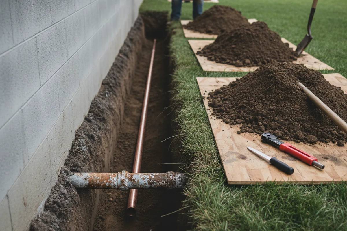 Excavated water line trench during Water Softener Installation in Auburn